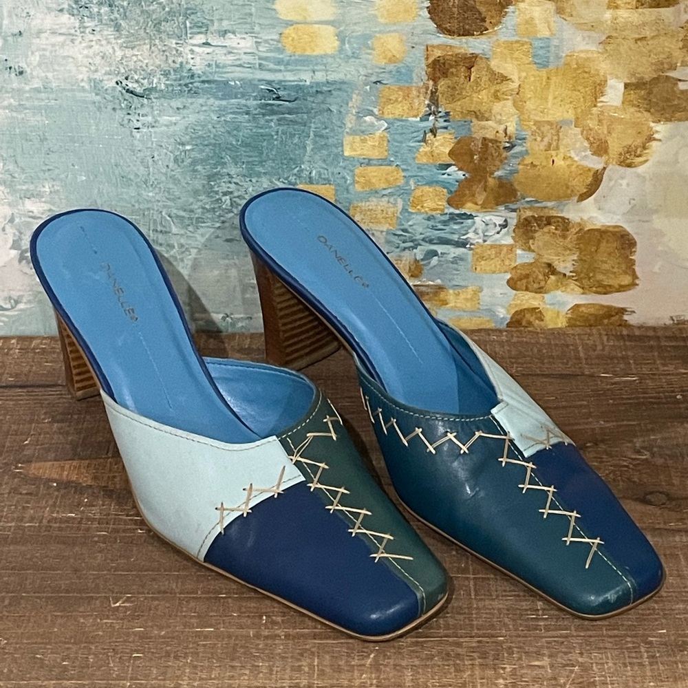 Danelle Blue Patchwork Square Toe Mule Heels - image 1
